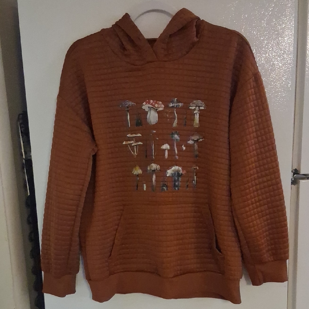 Rust Quilted Hoodie with Mushroom Print